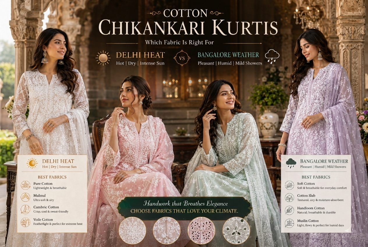 Cotton Chikankari Kurtis - Which Fabric Is Right for Delhi Heat vs Bangalore Weather